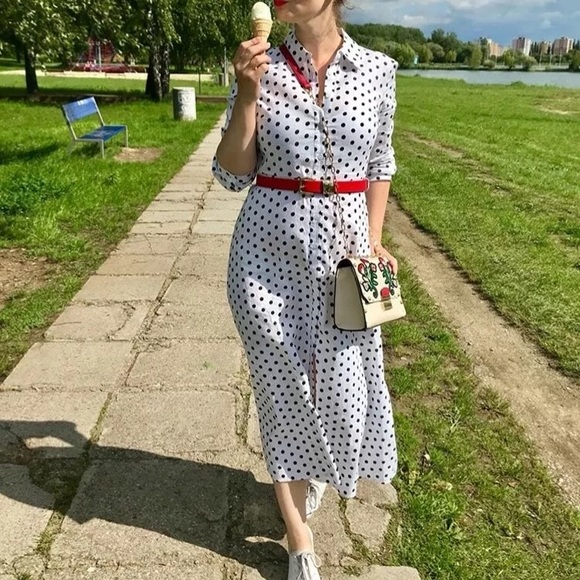 Zara polka dot linen maxi dress with belt - Picture 6 of 8